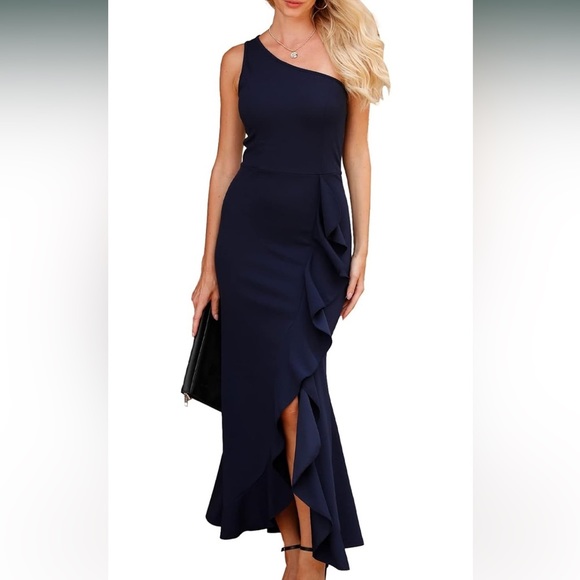 Dresses & Skirts - Women One Shoulder Dresses Sleeveless Cocktail Bodycon Mermaid Ruffle Side Split